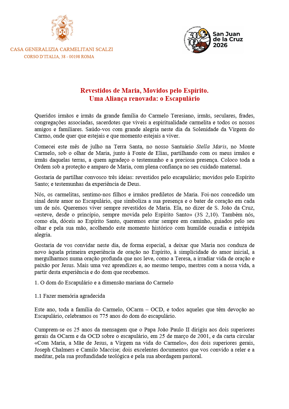 carta escapulario 2026